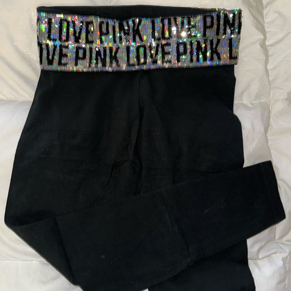PINK sequined rollover yoga pants